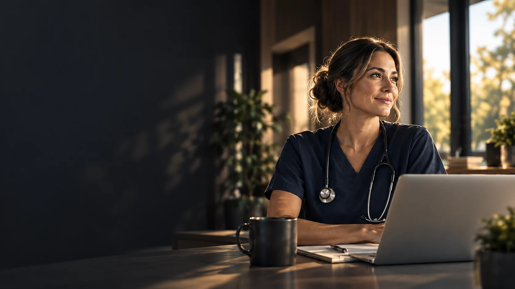 Clinician working at a desk in a warm evening office